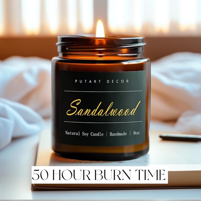 Sandalwood Scented Candles for Home, 9oz Natural Soy Wax Aromatherapy Organic Santal Candle for Stress Relief, Long Burning & Lasting Jar Candle Gifts for Birthday, Housewarmings, Thanksgiving