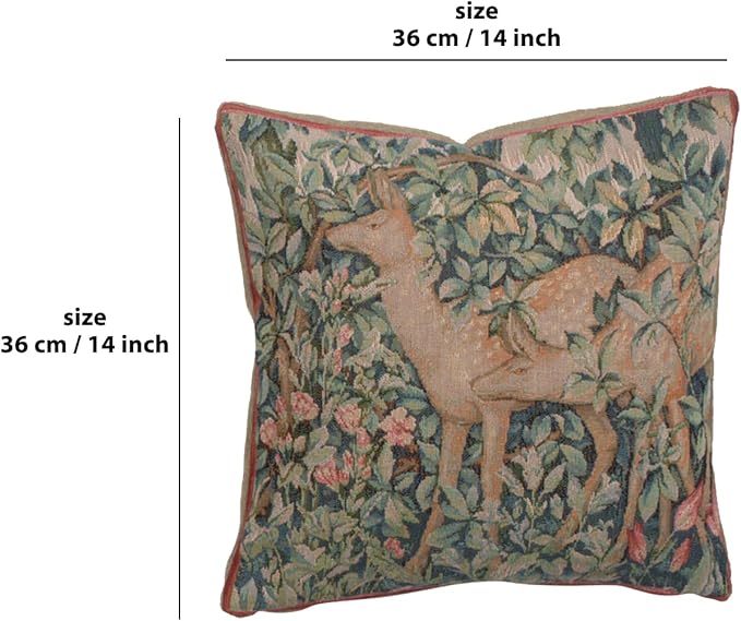 Charlotte Home Furnishings Decorative Tapestry Pillow Cover 14x14 in, Green Two Does Couch Throw Pillow Cover, French Country Square Cushion Cases for Bed Room Home Decor, Soft Cotton Jacquard Woven