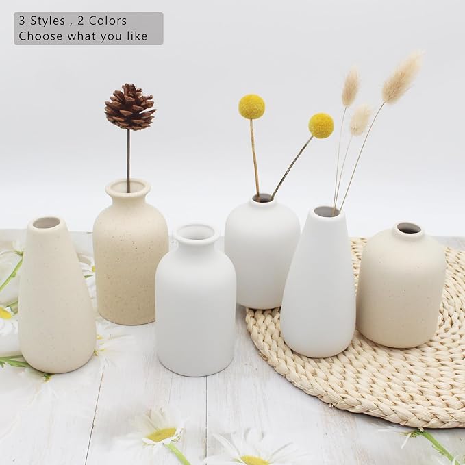 YANLING 6 Pack Light Yellow Small Vase for Flowers, 5 inch Modern Ceramic Vases for Pampas Grass Simple Shelf Vase, Boho Vases for Home Decor, Wedding Dinner Table Party Office Bedroom