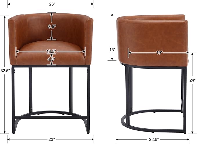 Modern Counter Height PU Leather Upholstered Bar Stools Set of 2, 24" Kitchen Counter Island Stools Bar Chairs with Black Metal Frame, Brown