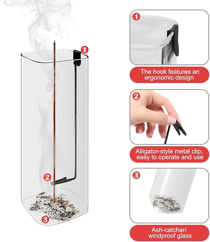 Incense Holder for Sticks, Clean-Burning Design, Top-Down Burning Extends More Time, Incense Stick Holder with Metal Clip, Removable Ash-Catcher Glass, Install-Free, for Yoga, Home Decor