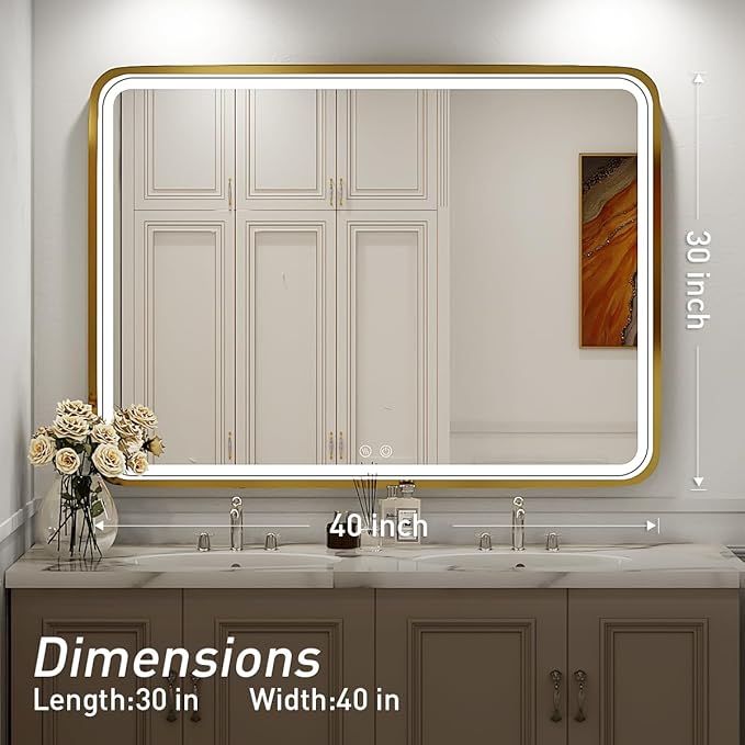 40x30 Inch LED Bathroom Mirror with Lights,Gold Metal Frame Lighted Vanity Mirror, Anti Fog Design&Dimmable&Touch Switch, Wall Mounted Rectangle Mirror (Horizontal&Vertical)
