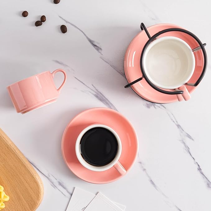 2.5oz Porcelain Stackable Espresso Cups with Saucers and Metal Stand Set of 4, Stackable Cappuccino Cups, Pink Expresso Shots Cup Set for Coffee Drinks, Latte, Tea