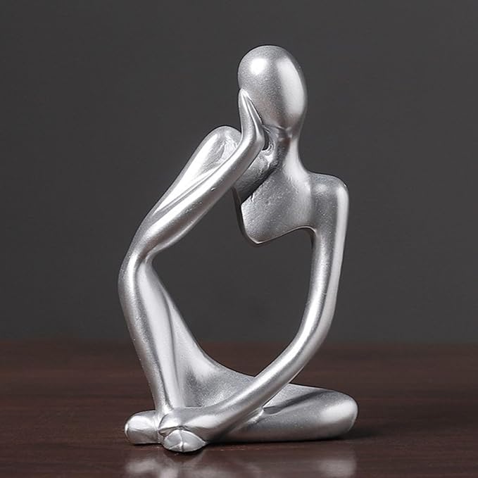 Thinker Statue Decor, Abstract Resin Sculpture – Modern Art Figurine for Home, Office, Bookshelf, Desk Decoration | Meaningful Housewarming, Birthday, Graduation Gift (Silver)