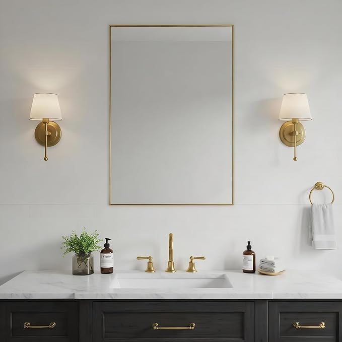 24x36 Inch Brass Bathroom Mirror for Wall, Aluminum Frame Rectangle Rectangular Vanity Mirror, Modern Large for Bedroom, Living Room, Horizontal or Vertical