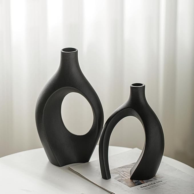 Snuggle Hollow Modern Ceramic Vase Set of 2, Mid Century Nordic Aesthetic Decorative Vase Decorative Vases for Home Table Decor (Matte Black W 6.8" X H 11")