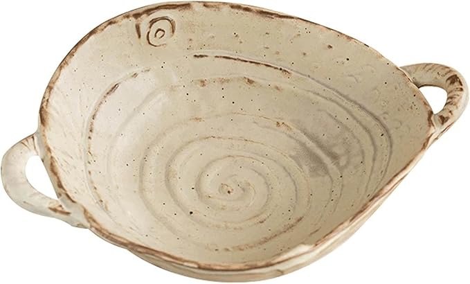 Free-Form Edge Ceramic Bowl with Handles, Size Small, Retro Distressed Style Glazed for Fruit Bowl,Salad Bowl,Table Centerpiece Decor