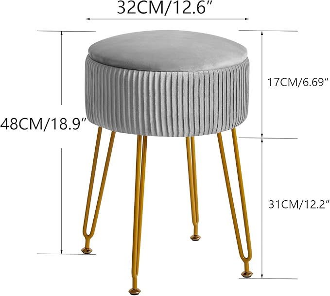 IBUYKE Velvet Storage Footrest Stool Ottoman, Makeup Vanity Stool Side Table with Golden Steel Legs Removable Cover, Coffee Table Top Cover, Grey LG-20G