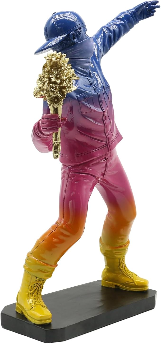 POTAMI Banksy Flower Thrower Sculpture 15.75 inch Graffiti Art Statue with Gold Bouquet Replica Gradient Color Accent Inspirational Home Decor Shelf Gift,Cool Stuff to Put on Shelves
