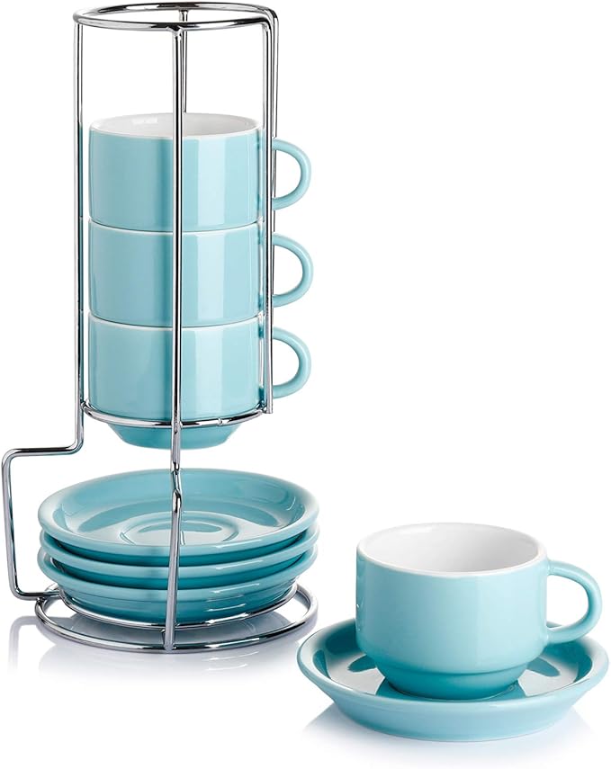 Sweese 4 Ounce Porcelain Stackable Espresso Cups with Saucers and Metal Stand Set of 4, Turquoise