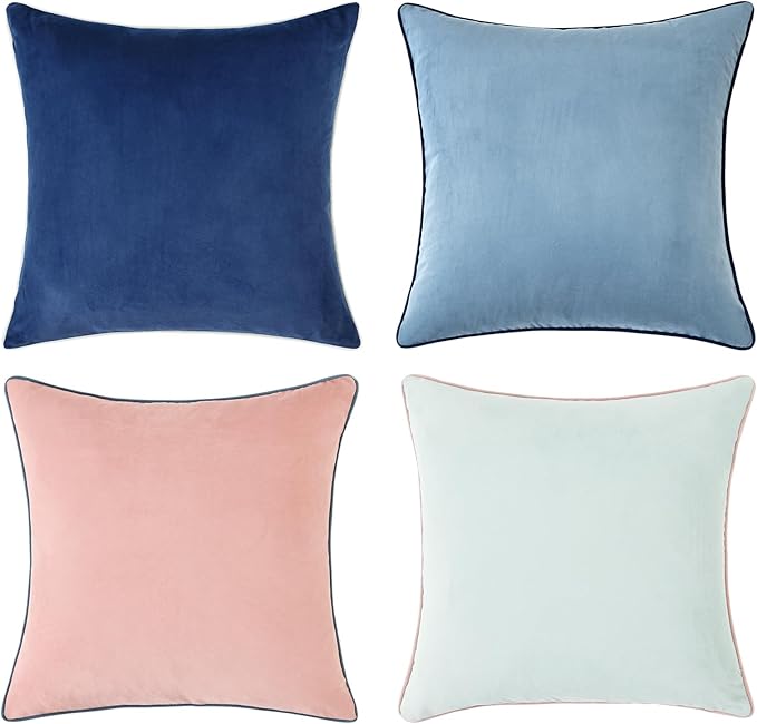 Mecatny Set of 4 Velvet Throw Pillow Covers 20x20, Soft Colorful Accent Decorative Couch Pillow Covers for Sofa Bedroom Living Room, Blue/Pink