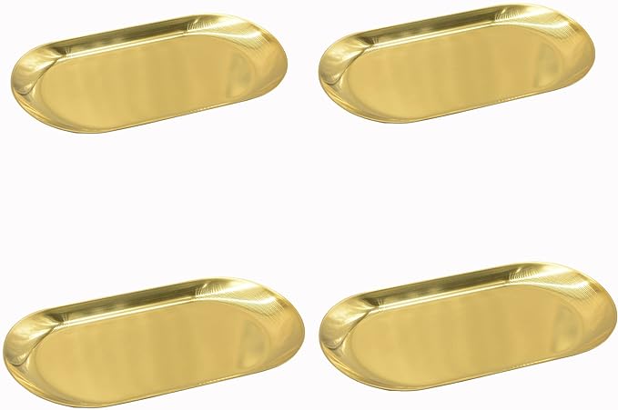 4 Pcs Small Size 7 Inch x 3.3 Inch Trinket Tray, Gold Stainless Steel, for Serving Trays Towel Storage Dish Plate Tea Fruit Trays Jewelry Plate Decorative Storage Tray (Gold 4pcs, 7.1x3.34)