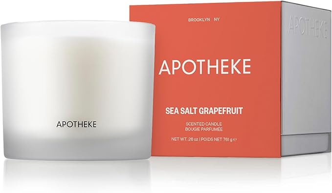 Apotheke 3-Wick Scented Candles for Home, Sea Salt Grapefruit - 26 oz Soy Wax Jar Candle Gift for Women - Long-Lasting Fragrance with Perfume-Grade Essential Oils - Pepper, Dew Drops & Tarragon