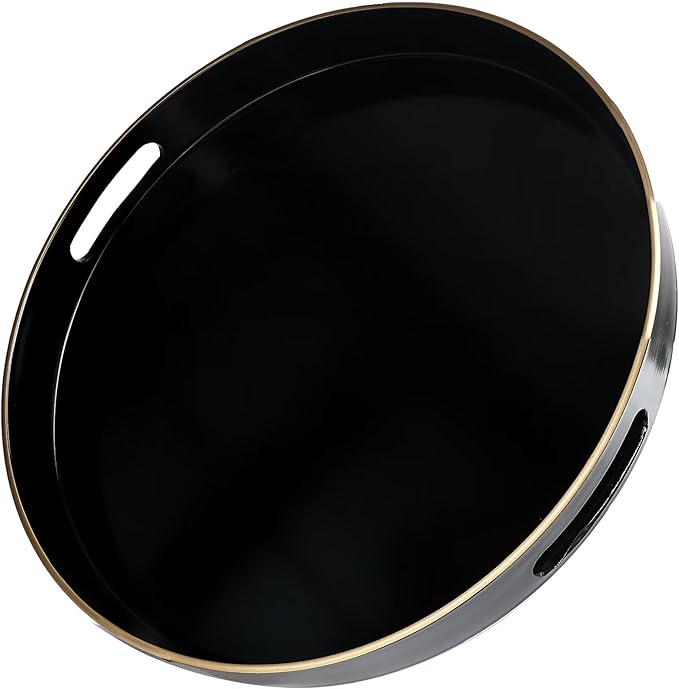 Black Round Decorative Tray with Handles, 13" Versatile Serving Tray for Coffee Table, Ottoman, Ideal for Serving, Displaying, Organizing