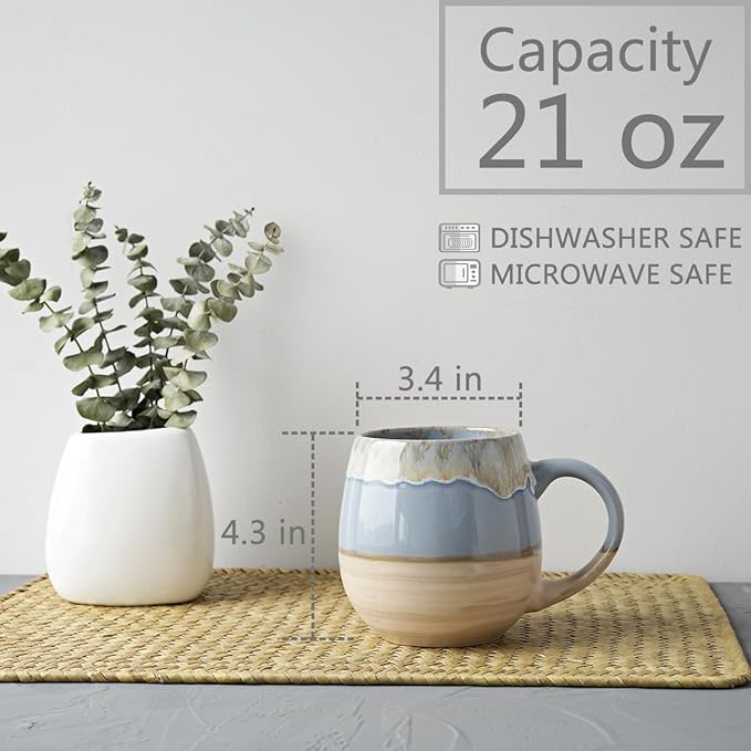Bosmarlin Large Ceramic Coffee Mugs Set of 2, 21 Oz, Dishwasher and Microwave Safe, Big Oversized Cup with Handle for Wome/Men, Reactive Glaze (Light Blue)