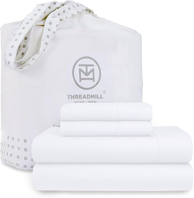 Threadmill Cotton Twin XL Sheet Set | 100% Cotton Sheets for Twin XL Size Bed | Solid Sateen Bed Sheets Set with 16” Deep Pocket | Soft Breathable 3-Piece Cooling Sheet Set | White