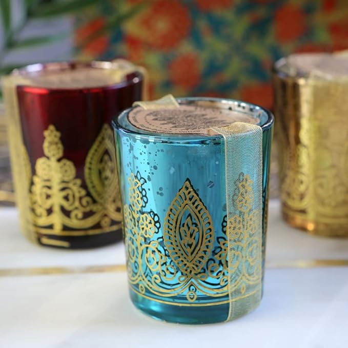 Kate Aspen 20205NA Tealight Henna Glass Votive Candle Holders, Indian Wedding Decorations and Party Favors (Set of 6), Assorted