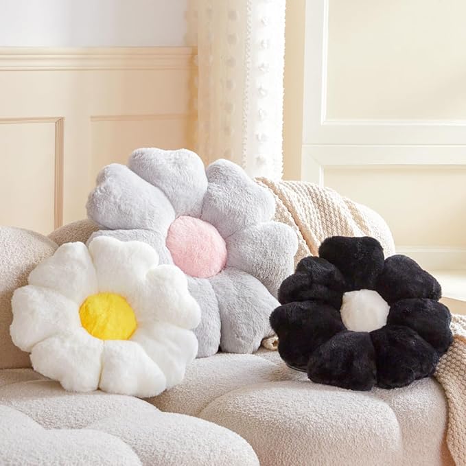 Flower Pillow, White Daisy Flower Decorative Pillows for Bed, Cute 19.6" Flower Shaped Pillow with Soft Faux Rabbit Fur Dorm Home Decor Floor Seating Cushion