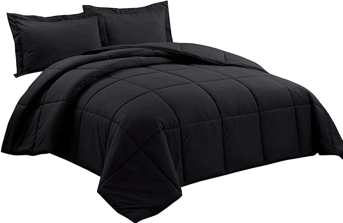 Chezmoi Collection 3-Piece All Season Queen Comforter Set Black, Soft Quilted Down Alernative Duvet Insert with Corner Tabs, Lightweight Microfiber Bedding, 88 x 88 Inches
