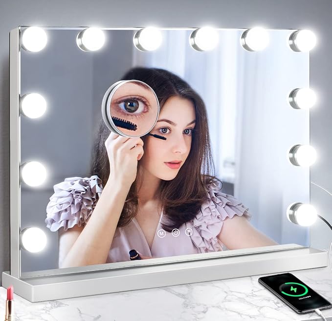 M MIVONDA Vanity Mirror with Lights, Lighted Makeup Hollywood Mirror with Dimmable 3 Color Lights LED Bulbs for Desk and Wall, Mirrors with Plug-in and USB Charger for Bedroom