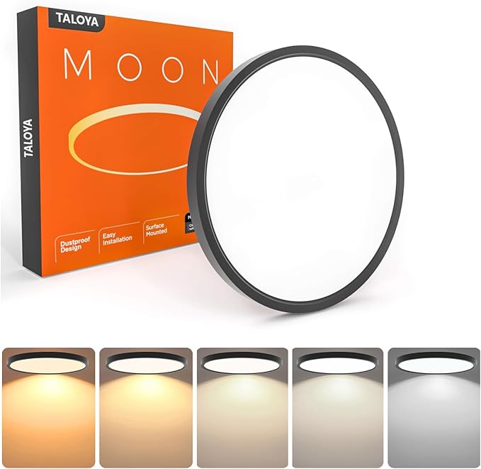 TALOYA Flush Mount LED Ceiling Light Fixture Black,12 Inch 20 Watt, Thin Ceiling Lamp Surface Mount for Kitchen Bedroom Utility Laundry Closet Room,5 Color Temperatures in One