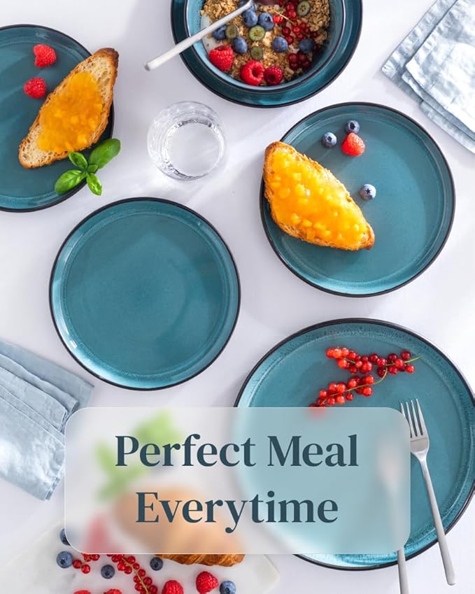 Stoneware dinnerware set 4 persons 12 pcs – Modern style plates and bowls set ceramic – Dishwasher safe and scratch resistant – Bowl and plate set – Dinner service Pure Living black & petrol blue