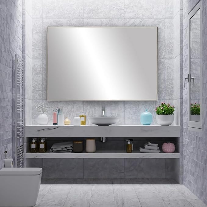 Frame My Mirror Silver Metal Framed Mirror, 30" x 54" Mirror for Bathroom, Metal Frame, True Reflections Glass, Chrome Finish, Stanton Design, Hangs Horizontally or Vertically, Made in USA