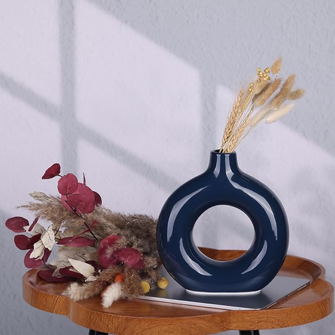 Bright Blue Ceramic Vase Set of 2 - Decorative Circular Blue Vases for Centerpieces, Farmhouse and Home Decor - Ideal for Living Room, Kitchen, Bedroom, Dining Table and Office Decor