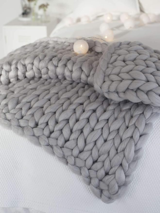 Chunky Knit Blanket Soft Handmade Knitting Throw for Bedroom Sofa Decor Super(Light Gray 40"x60")