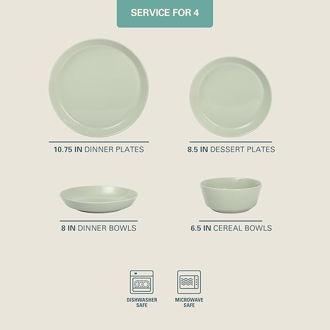 Gibson Home Summer Shades 16 Piece Plates and Bowls Dishes Service for 4 Porcelain Dinnerware Set - Green