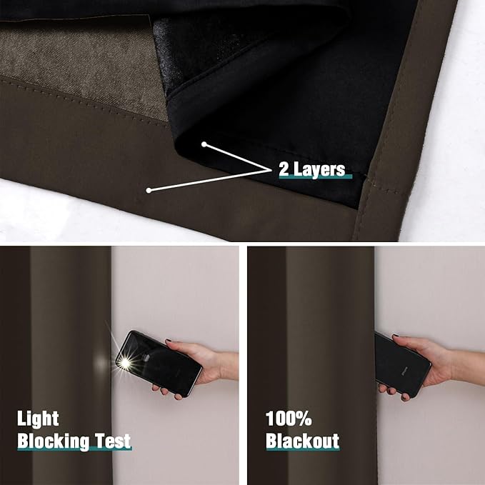 ChrisDowa 100% Blackout Curtains 102 inch Long for Bedroom with Black Liner, 2 Thick Layers Total Blackout Thermal Insulated Grommet Window Curtains 2 Panels Set (Brown, 52 x 102 Inch)