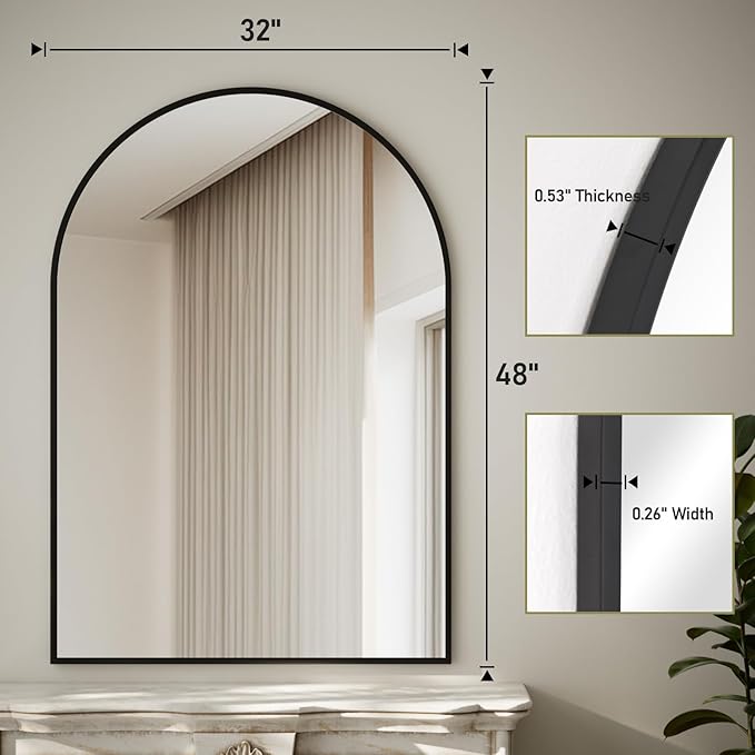 HARRITPURE 32"x48" Arched Bathroom Mirror - Black Wall Mounted Vanity Mirror Aluminum Alloy Frame Large Arch Wall Mirror for Living Room, Bedroom and Entryway