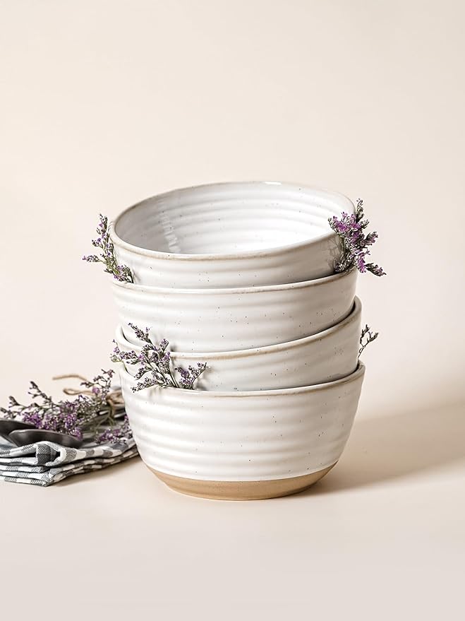 LE TAUCI Cereal Bowls Set of 4, Ceramic Soup Bowl 28 oz, Stoneware Kitchen Bowl for Pho, Chip, Fruit, Salad, Noodle, Ramen, Dishwasher Oven Microwave Safe - 6 Inch, Arctic white