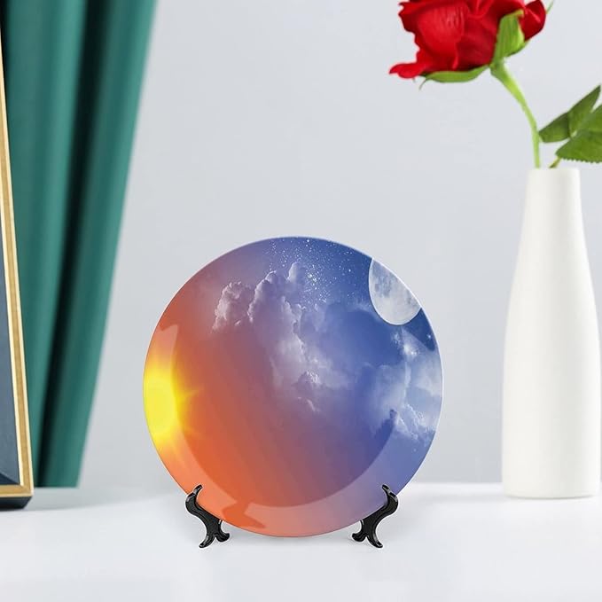 6 Inch Decorative Plate, Macrocosm Dinner Plate, Full Moon Sun Clouds Cycle of the Galaxy Sacred Movement Print Ceramic Wall Hanging for Fine Dining For Upscale Events, Dinner Parties, Weddings