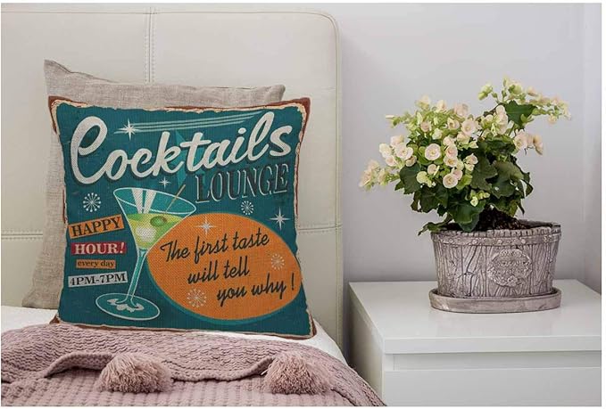 WONDERTIFY Throw Pillow Case Cover 1950S Vintage Cocktails Metal Sign - Soft Linen Pillow Case for Decorative Bedroom/Livingroom/Sofa/Farm House - Cushion Covers Couch Pillow 18x18 Inch 45x45 cm