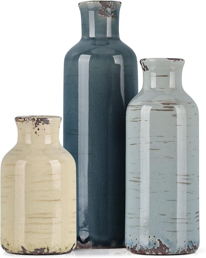Multicolor Ceramic Vase Set of 3 - Coastal Rustic Farmhouse Decor Flower Vases for Shelf, Dining Room Table, Fireplace Mantel, Living Room, Coffee Table, Tabletop, Kitchen Cabinet, Entryway Decoration