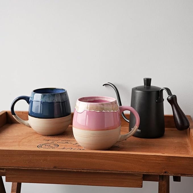 Bosmarlin Large Ceramic Coffee Mugs Set of 2, 21 Oz, Dishwasher and Microwave Safe, Big Oversized Cup with Handle for Wome/Men, Reactive Glaze (Deep Blue&Pink)