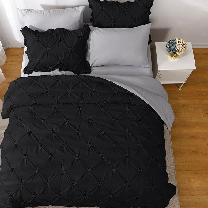 JOLLYVOGUE Black/Gray Bed in a Bag Comforter Set for Bedroom, Pintuck Full Size Comforter Sets 7 Pieces, Bedding Comforter Sets with Comforter, Sheets,Ruffled Shams & Pillowcases