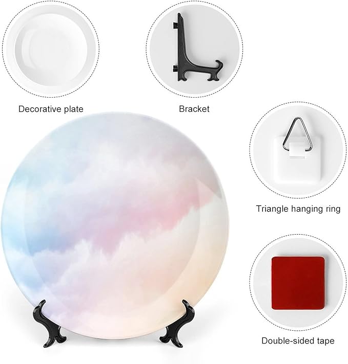 XISUNYA 6 Inch Decorative Plate, Rainbow Ceramic Craft, Fluffy Dreamy Gradient Faded Pastel Cloud Sublime Print Ceramic Wall Hanging for Home Office Party Dinner Table Decor