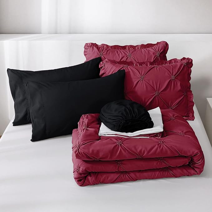 JOLLYVOGUE Burgundy Cal King Size Comforter Sets 7 Pieces, Pintuck Bed in a Bag Comforter Set for Bedroom, Bedding Comforter Sets with Comforter, Sheets,Ruffled Shams & Pillowcases
