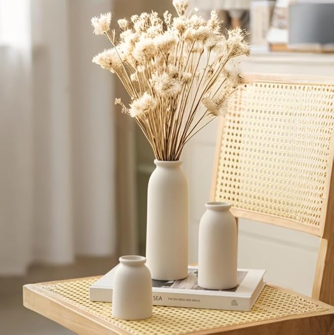 Ceramic Vase Set-3, Small Flower Vases for Decor, Modern Boho Farmhouse Style, Decorative Vases for Pampas Grass & Dried Flowers, Distressed Finish (Beige)