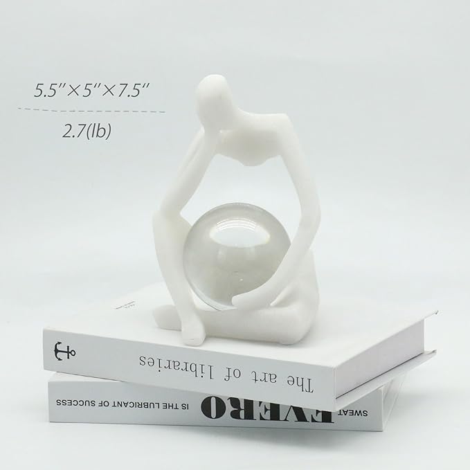 Lukitas Resin Thinker Statue - Holding Crystal Ball Sculpture, Modern Abstract Collectible Figurine for Home Office Bookshelf Decor, White Sand 7.5''