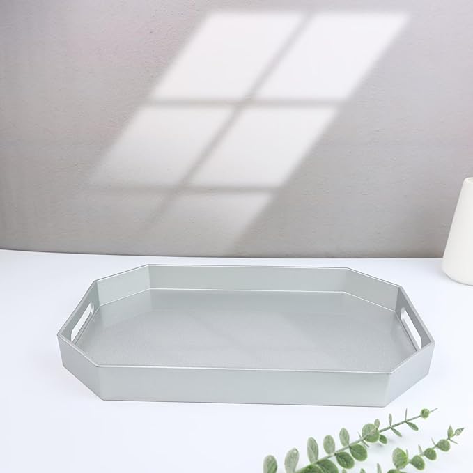 Spsyrine Silver Plastic Serving Tray for Ottoman, Coffee Table, Octagon Decorative Tray for Entertaining, Outdoor, Living Room, Home Decor