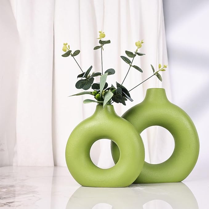 Green Ceramic Vase Set of 2, Flower Vase for Home Decor, Donut Vase for Green Decor, Modern Boho Decorative Vase, Round Hollow Pampas Grass Vase, Perfect for Dining Table, Mantel & Centerpiece