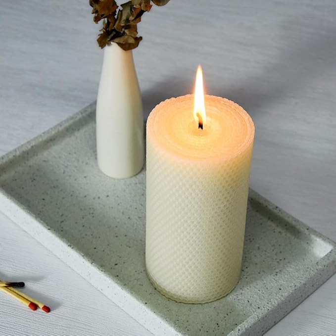 3 * 6" Beeswax Pillar Candle, Large Handmade Pure Beeswax Rolled Candle,Nature,Unscented & Dripless & Smokeless,White