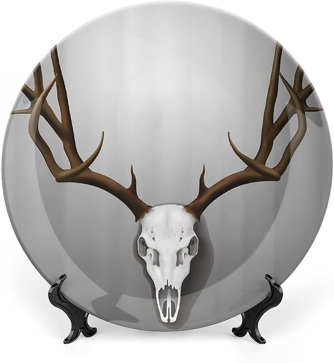 XISUNYA 10 Inch Decorative Plate,Antler Decor Ceramic Craft, Deer Skull with Large Horns Elk Skeleton Print Ornament Display Plate Decor Accessory for Dining, Parties, Wedding