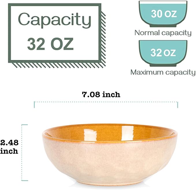 vicrays Ceramic Salad Bowls Set for Kitchen, Serving - 32 Ounce Soup Bowls, Pasta Bowls, Chip Resistant, Dishwasher Microwave Safe, Large, Fluted, stoneware, Set of 6 (Beige)