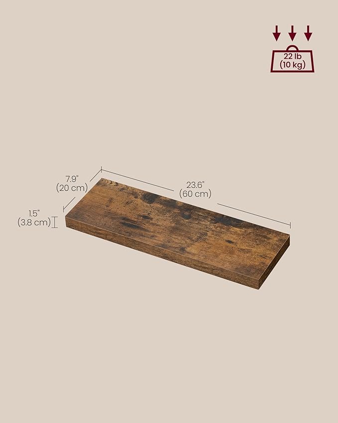 VASAGLE Wall Shelves Set of 2, Floating Shelves, Wall Mounted, 8 x 23.6 x 1.5 Inches, Display Shelves for Picture Frames, Wall Decor, Hanging Shelf for Living Room, Kitchen, Rustic Brown ULWS056B01