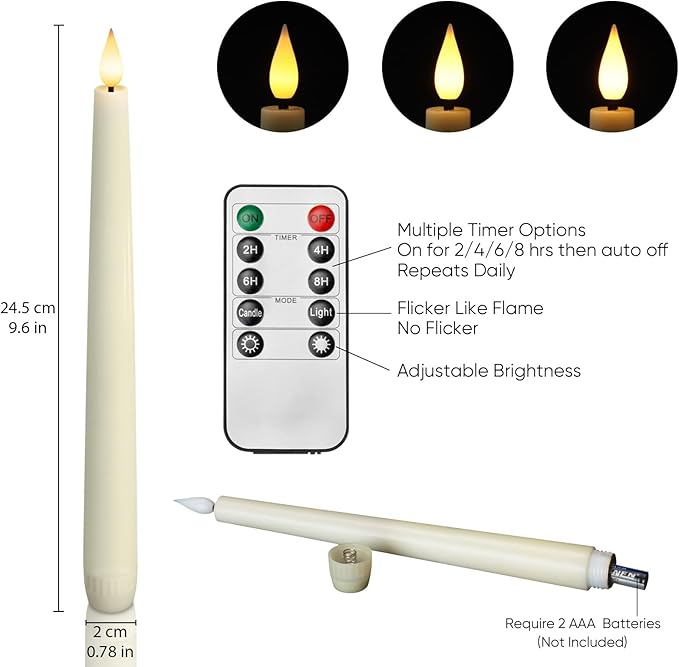 Homemory 3 Pcs Waxy Flameless Taper Candles with Remote, Flickering Battery Operated Classic Tall Candles for Home, Wedding, Party, Ivory, 9.6 inches