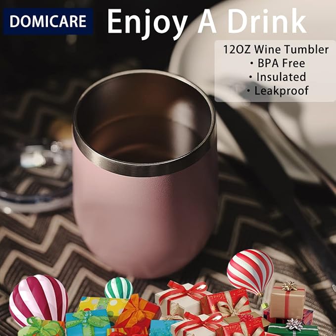 DOMICARE Stainless Steel Wine Tumbler Bulk with Lid, Personalized Insulated Tumblers Set, 12oz Travel Coffee Cups Pack of 4, Pink